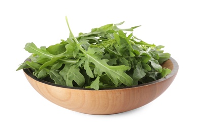Photo of Delicious fresh arugula in wooden bowl isolated on white