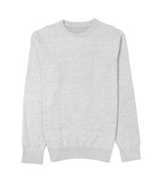 Photo of Stylish cashmere sweater isolated on white, top view
