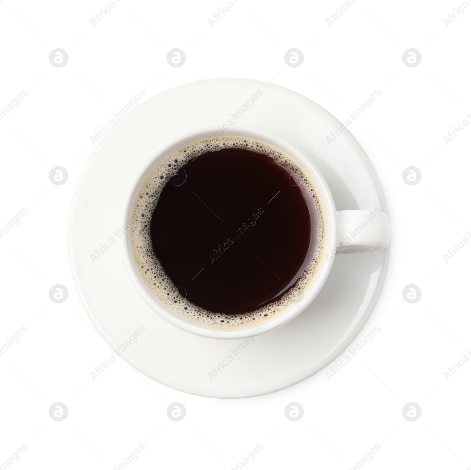 Photo of Cup of aromatic coffee isolated on white, top view