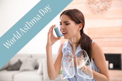 Image of World asthma day. Young woman using inhaler indoors 