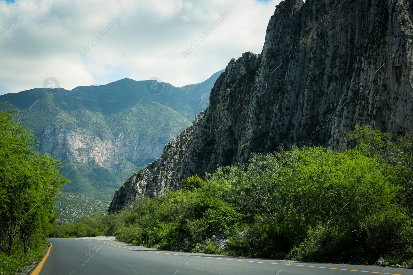 Photo of Picturesque view of big mountains and bushes near road