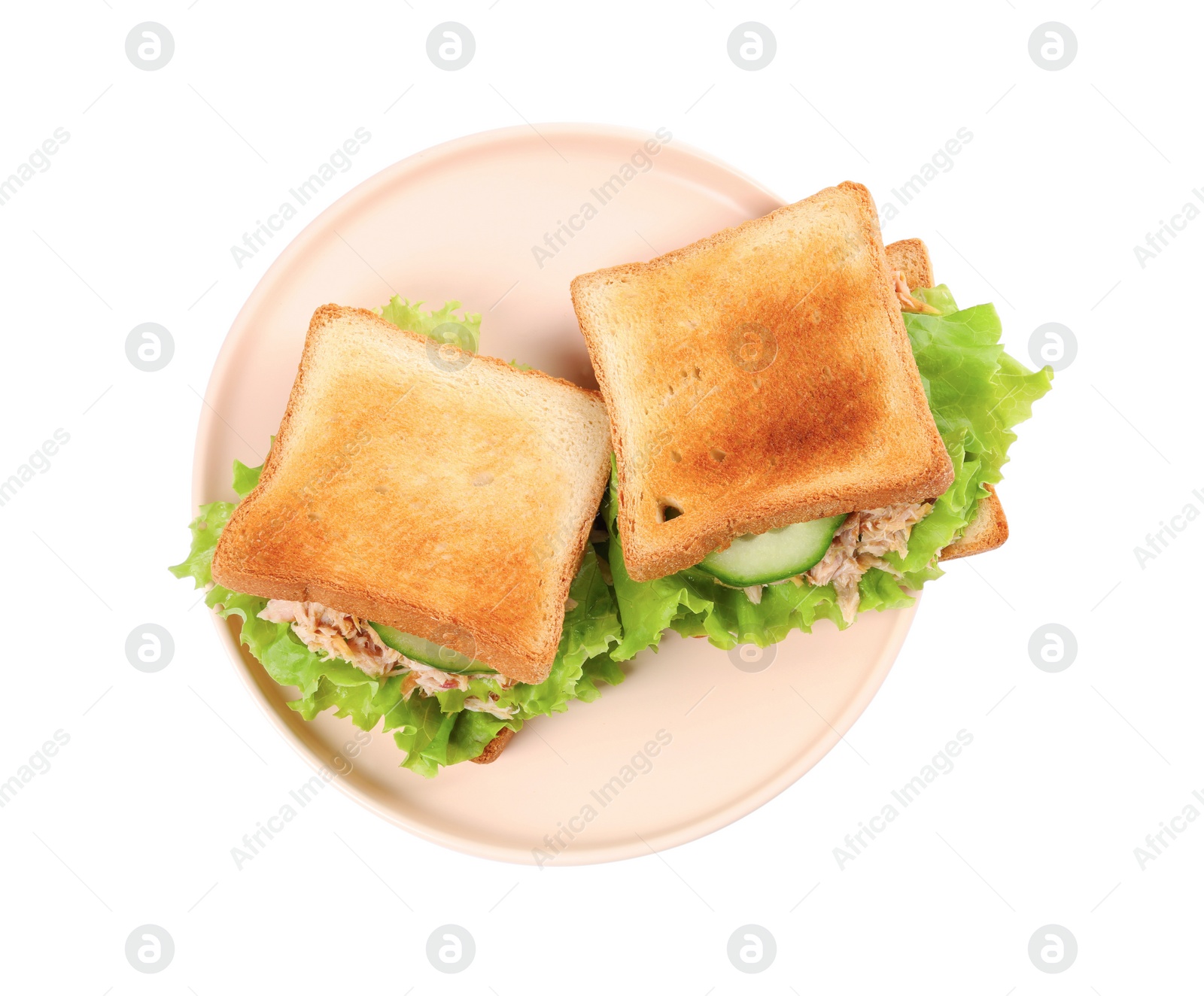 Photo of Delicious sandwiches with tuna, lettuce leaves and cucumber on white background, top view