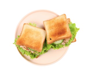 Delicious sandwiches with tuna, lettuce leaves and cucumber on white background, top view