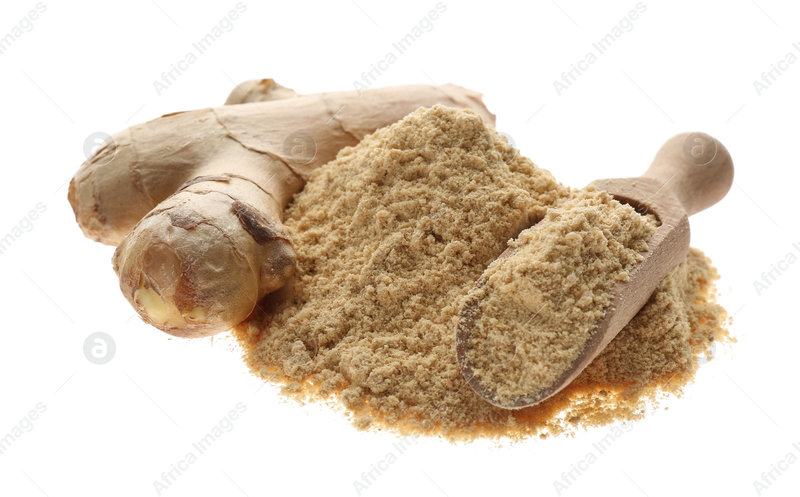 Photo of Dry ginger powder and fresh root isolated on white