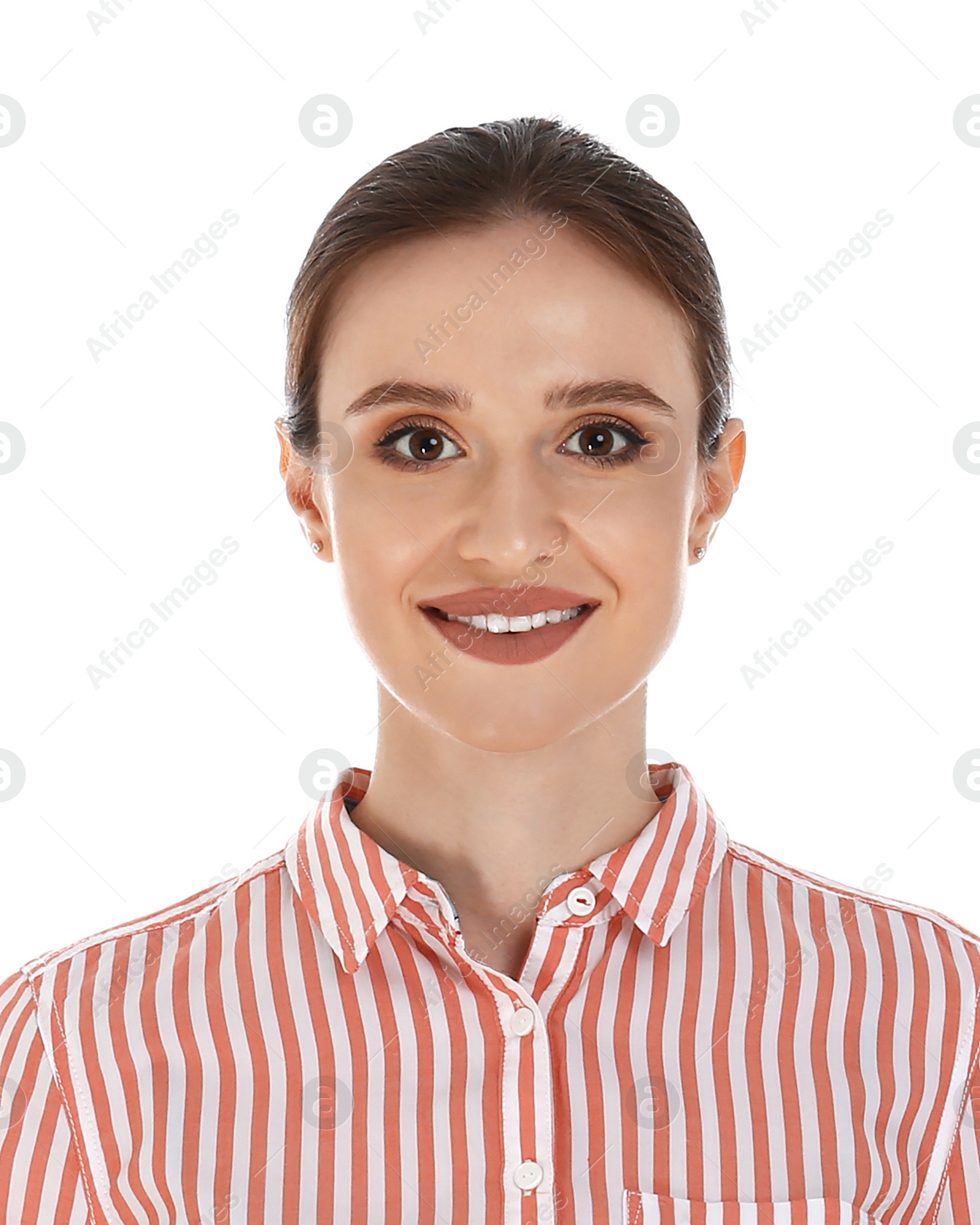 Image of Passport photo. Portrait of young woman on white background