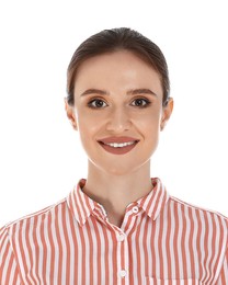 Passport photo. Portrait of young woman on white background