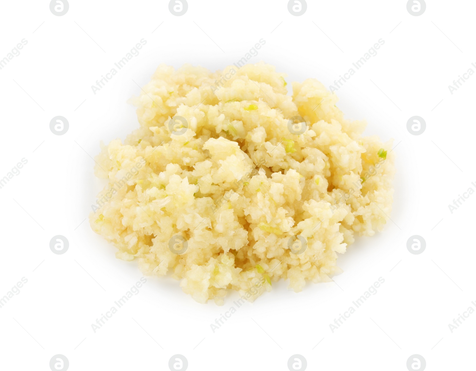 Photo of Pile of chopped garlic isolated on white, top view