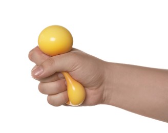 Photo of Man squeezing yellow stress ball on white background, closeup