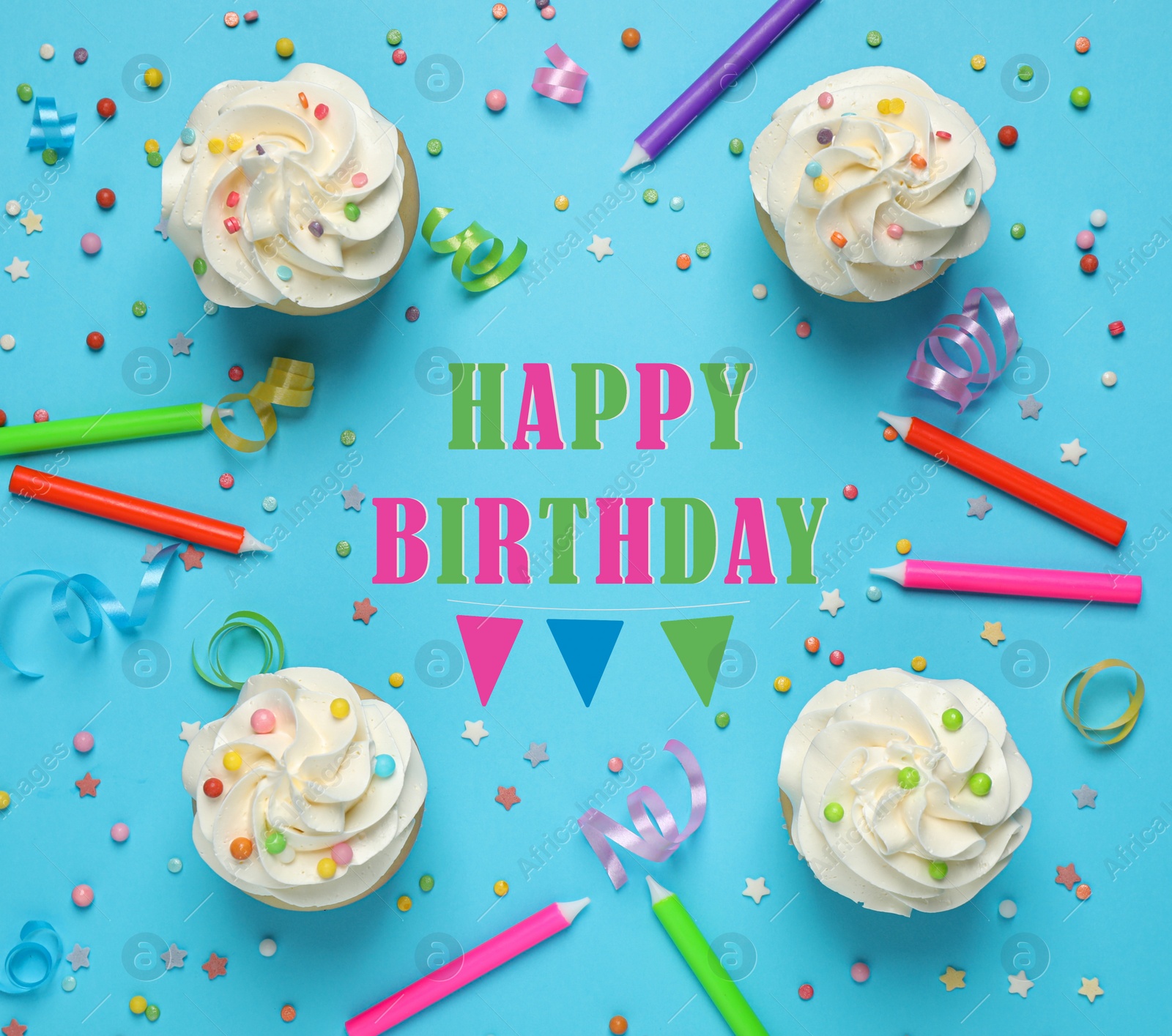 Image of Flat lay composition with delicious cupcakes and text Happy Birthday on light blue background