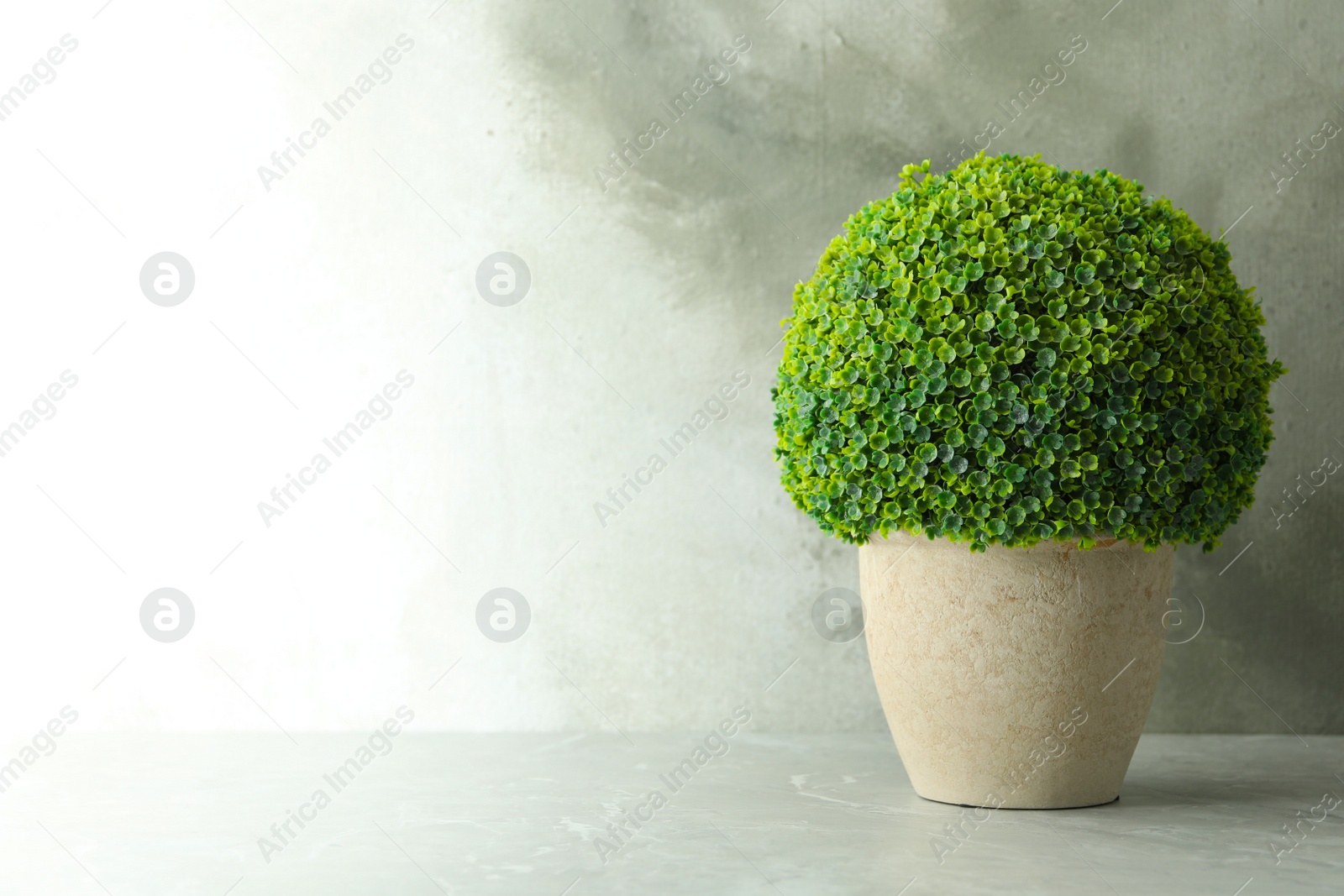 Photo of Artificial plant in ceramic flower pot on light marble table. Space for text