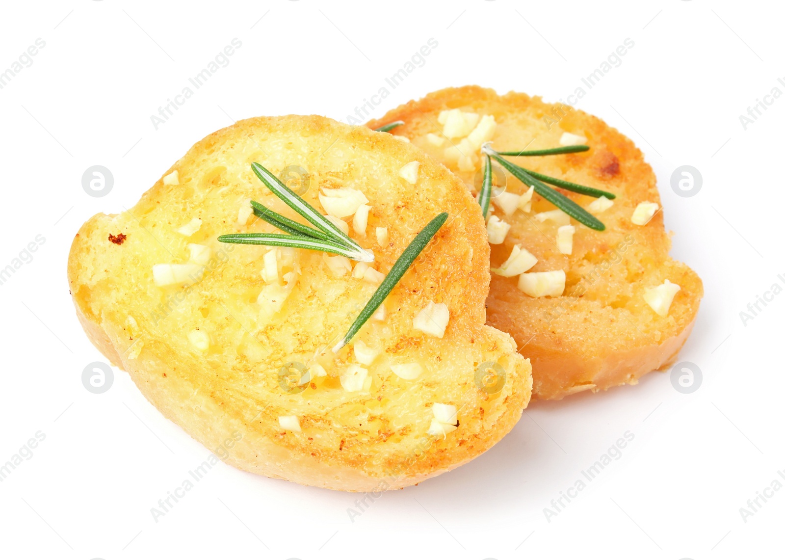 Photo of Slices of tasty garlic bread with herbs isolated on white