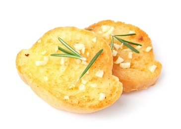 Slices of tasty garlic bread with herbs isolated on white