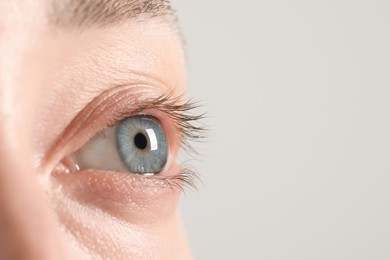 Macro photo of woman with beautiful eyes on light background. Space for text