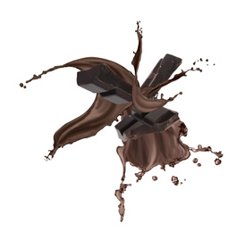 Image of Yummy melted chocolate and falling pieces on white background