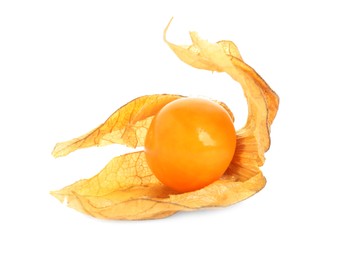 Photo of Ripe physalis fruit with dry husk on white background