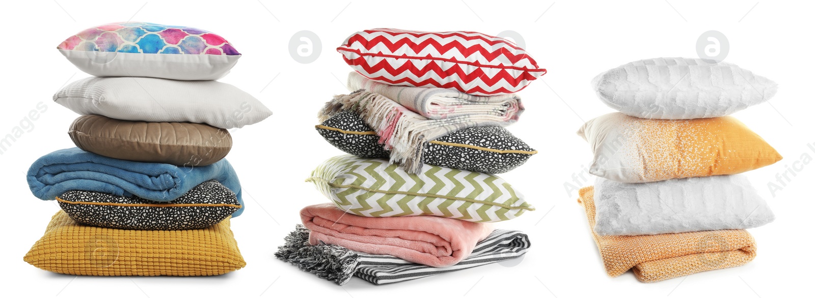 Image of Set with different stylish decorative pillows on white background. Banner design