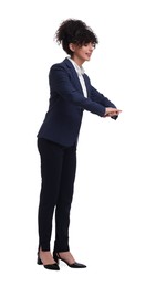 Photo of Beautiful young businesswoman in suit on white background