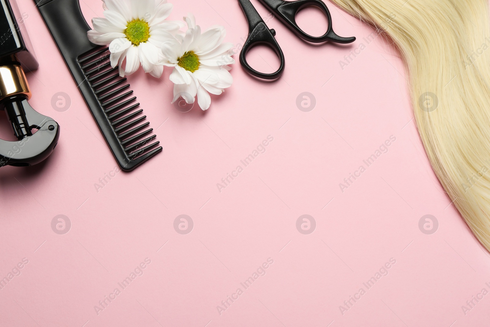 Photo of Flat lay composition with different hairdresser tools and flowers on pink background, space for text