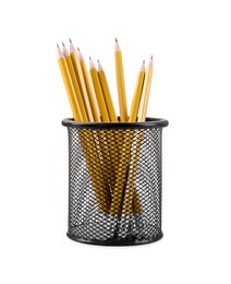 Photo of Many sharp pencils in holder isolated on white