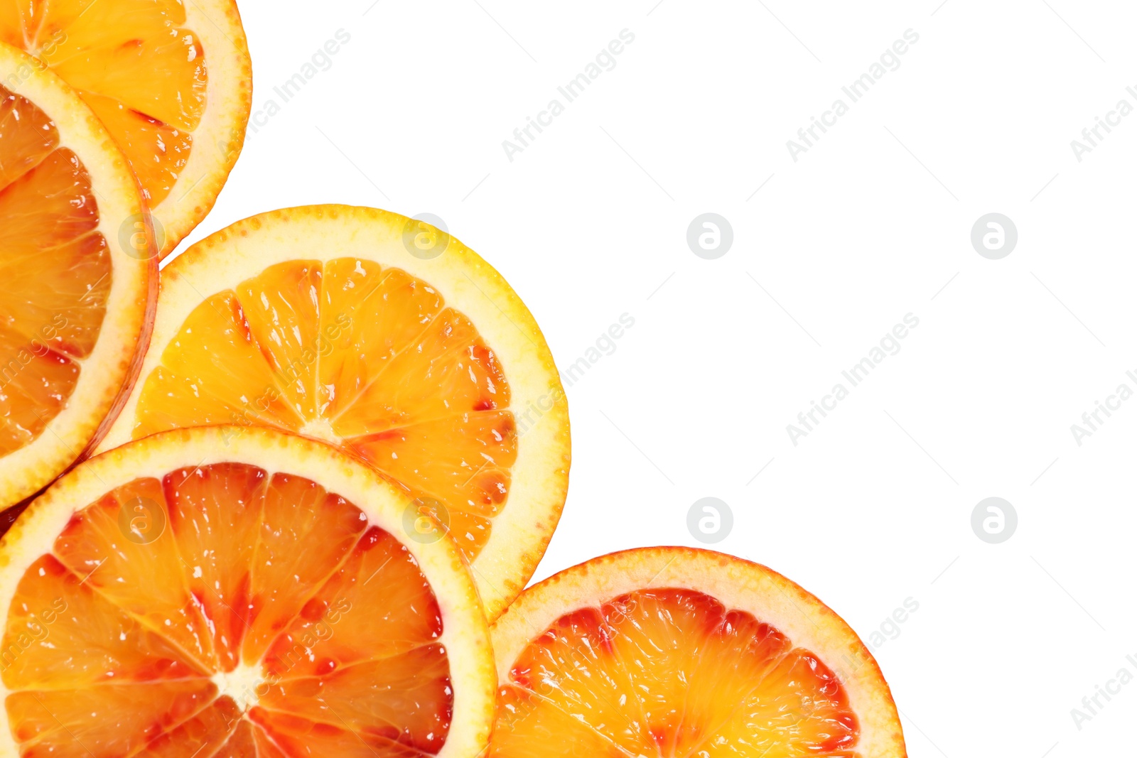 Photo of Juicy blood orange slices on white background, top view. Citrus fruit