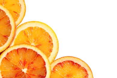 Juicy blood orange slices on white background, top view. Citrus fruit