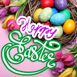 Image of Happy Easter. Bright painted eggs and tulips on pink background, flat lay