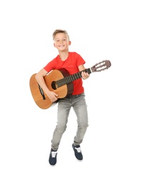 Photo of Emotional little boy playing guitar isolated on white