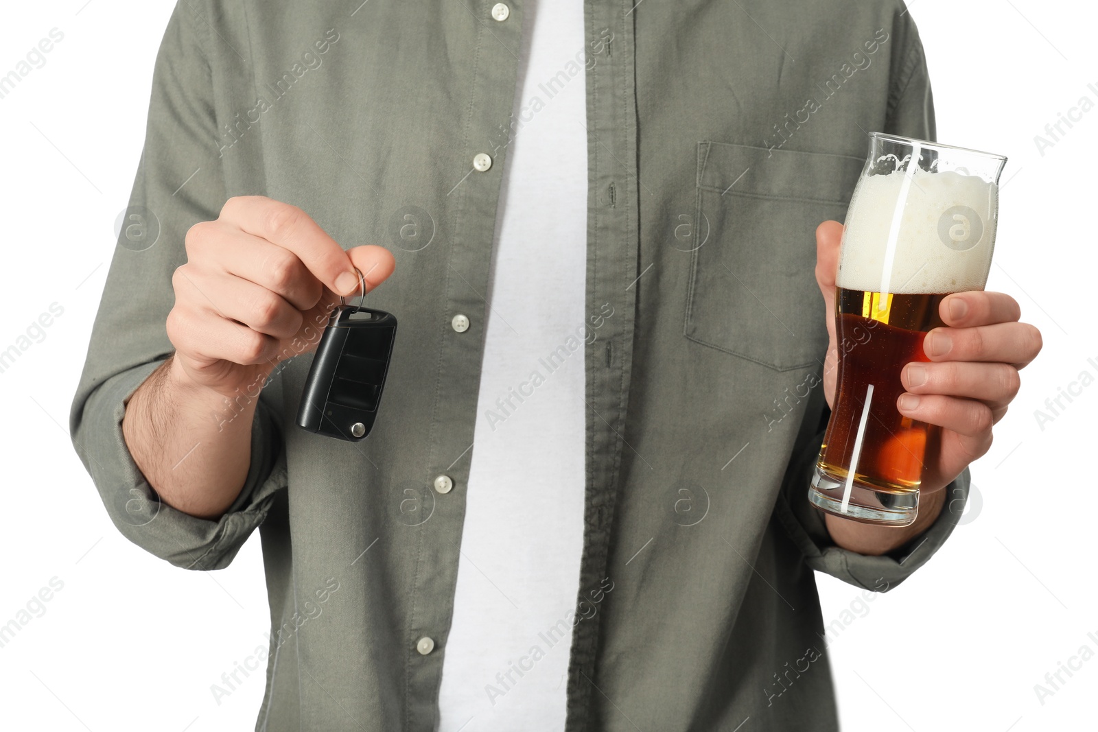 Photo of Man with glass of beer and car keys on white background, closeup. Don't drink and drive concept