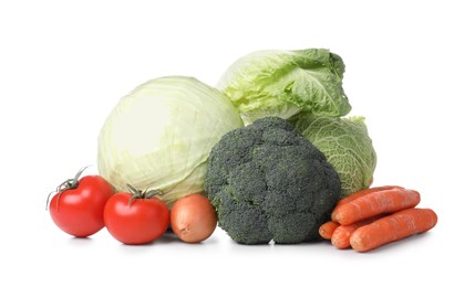 Photo of Heap of fresh ripe vegetables on white background