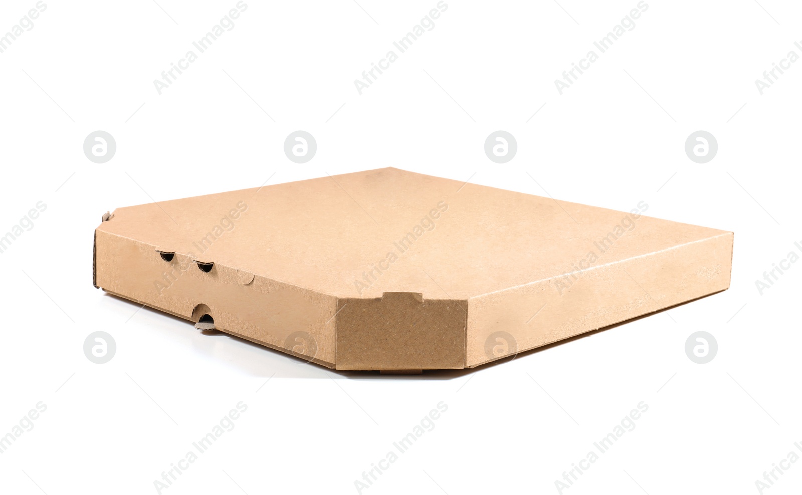 Photo of Cardboard pizza box on white background. Food delivery