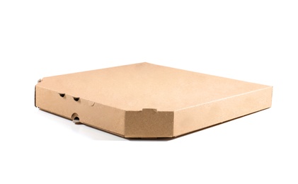 Photo of Cardboard pizza box on white background. Food delivery