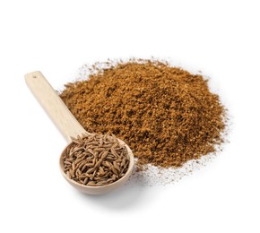 Heap of aromatic caraway (Persian cumin) powder and wooden spoon of seeds isolated on white