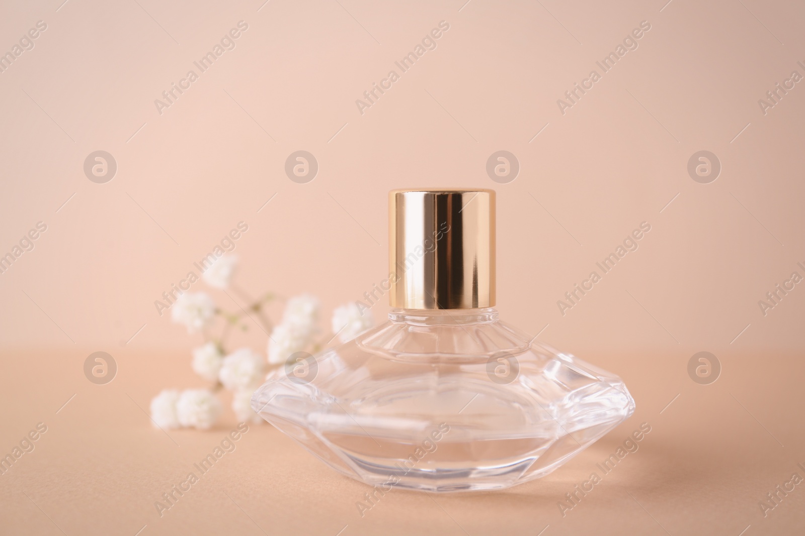 Photo of Beautiful bottle of aromatic perfume near flowers on color background