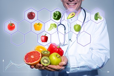 Image of Nutritionist with fresh products on light background and images of different vegetables and fruits, closeup. Healthy eating