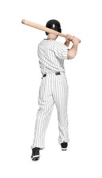 Baseball player taking swing with bat on white background, back view