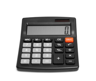 Photo of Black calculator isolated on white. Office stationery