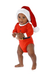 Photo of Cute African-American baby wearing festive Christmas costume on white background