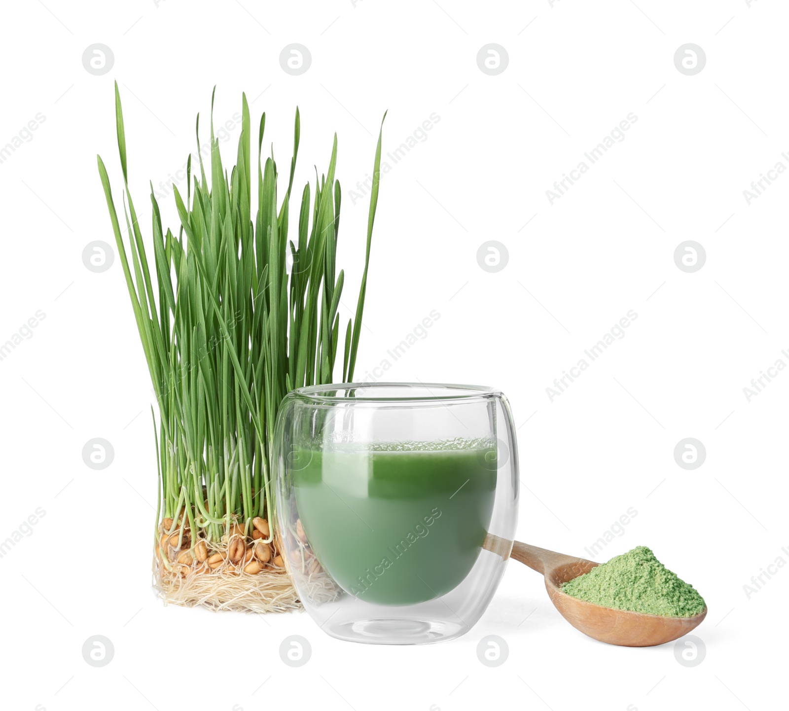 Fresh wheat grass juice in glass, spoon of powder and sprouts on white background Photo of Fresh wheat grass juice in glass, spoon of powder and sprouts on white background