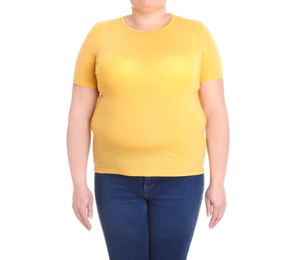 Overweight woman on white background, closeup. Weight loss