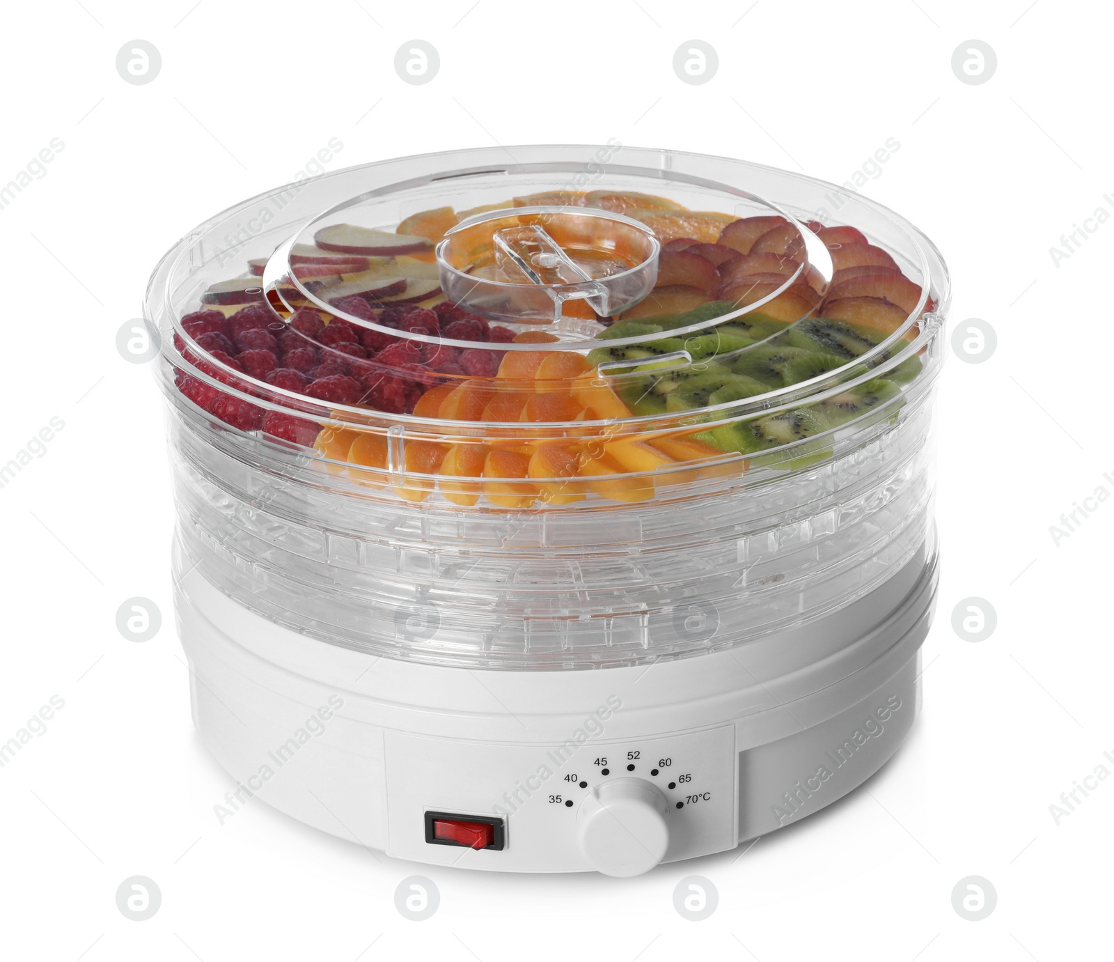 Photo of Modern dehydrator machine with different fruits on white background