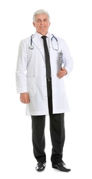 Photo of Full length portrait of male doctor with clipboard isolated on white. Medical staff