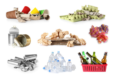 Image of Set of piles with different garbage on white background. Waste management and recycling