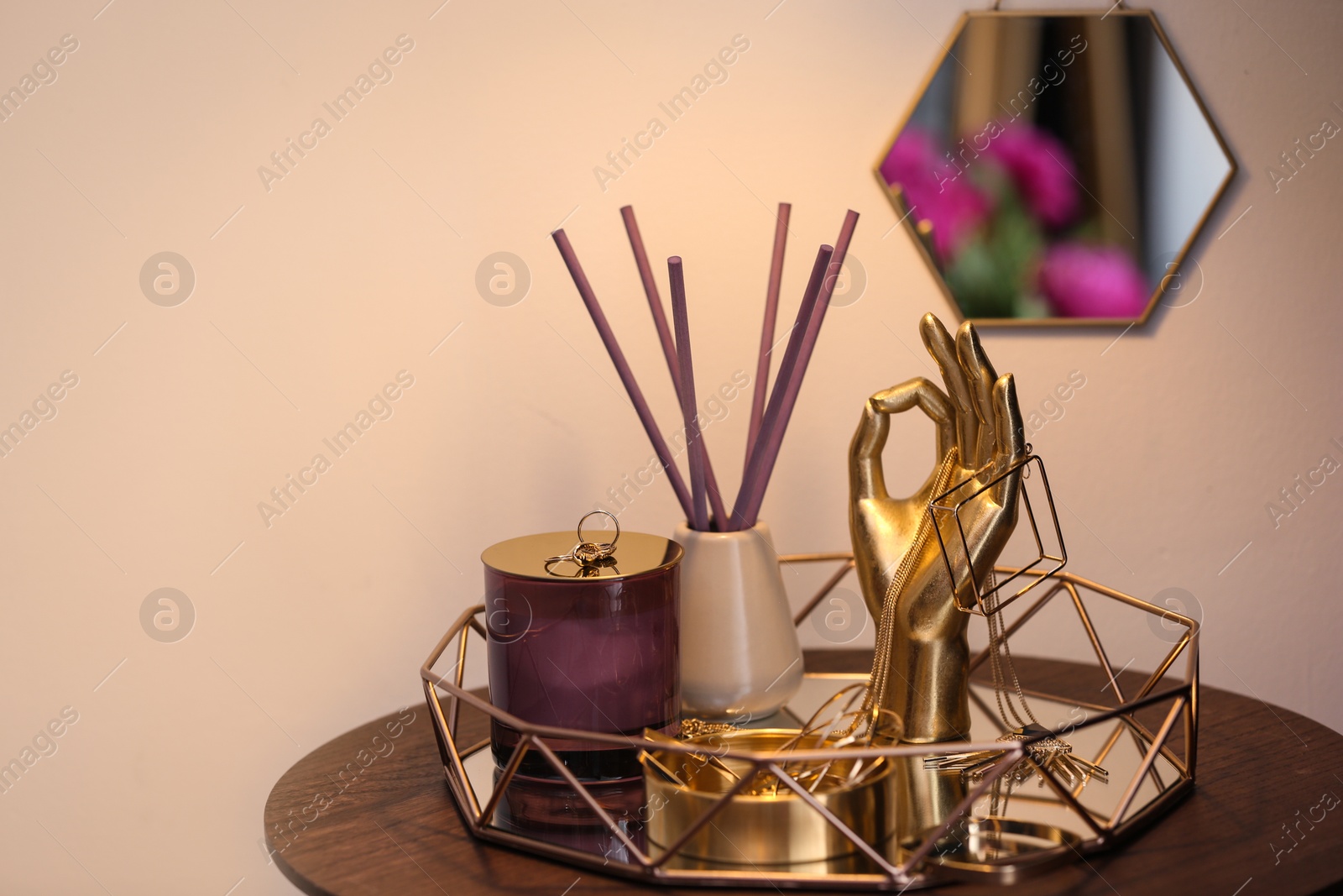 Photo of Composition with stylish accessories and interior elements on table indoors