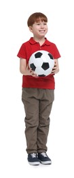 Photo of Little boy with soccer ball on white background