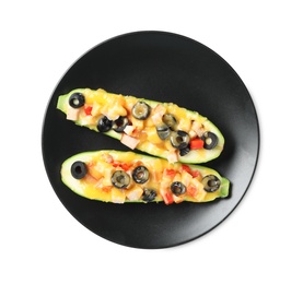 Photo of Plate of delicious stuffed zucchini on white background, top view