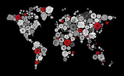 Image of World map made of beautiful flowers on black background, banner design