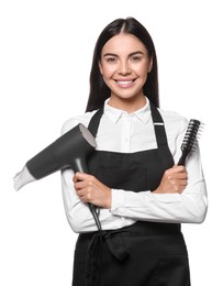 Photo of Portrait of happy hairdresser with hairdryer and vent brush on white background