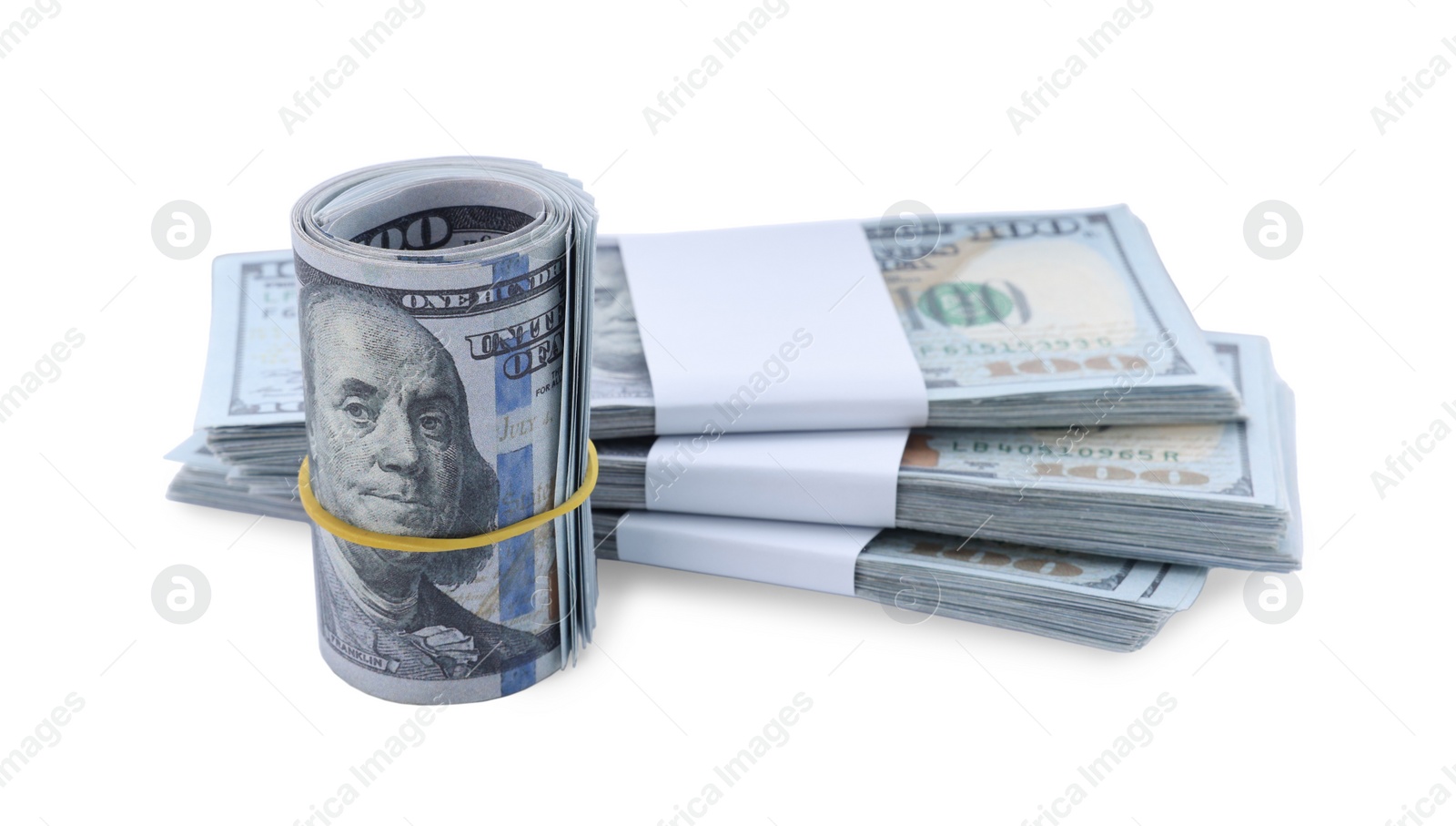 Photo of Many dollar banknotes on white background. American national currency