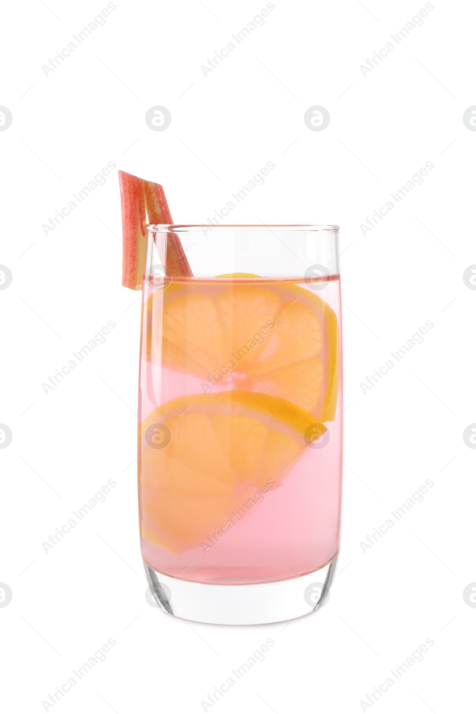 Photo of Glass of tasty rhubarb cocktail with lemon isolated on white