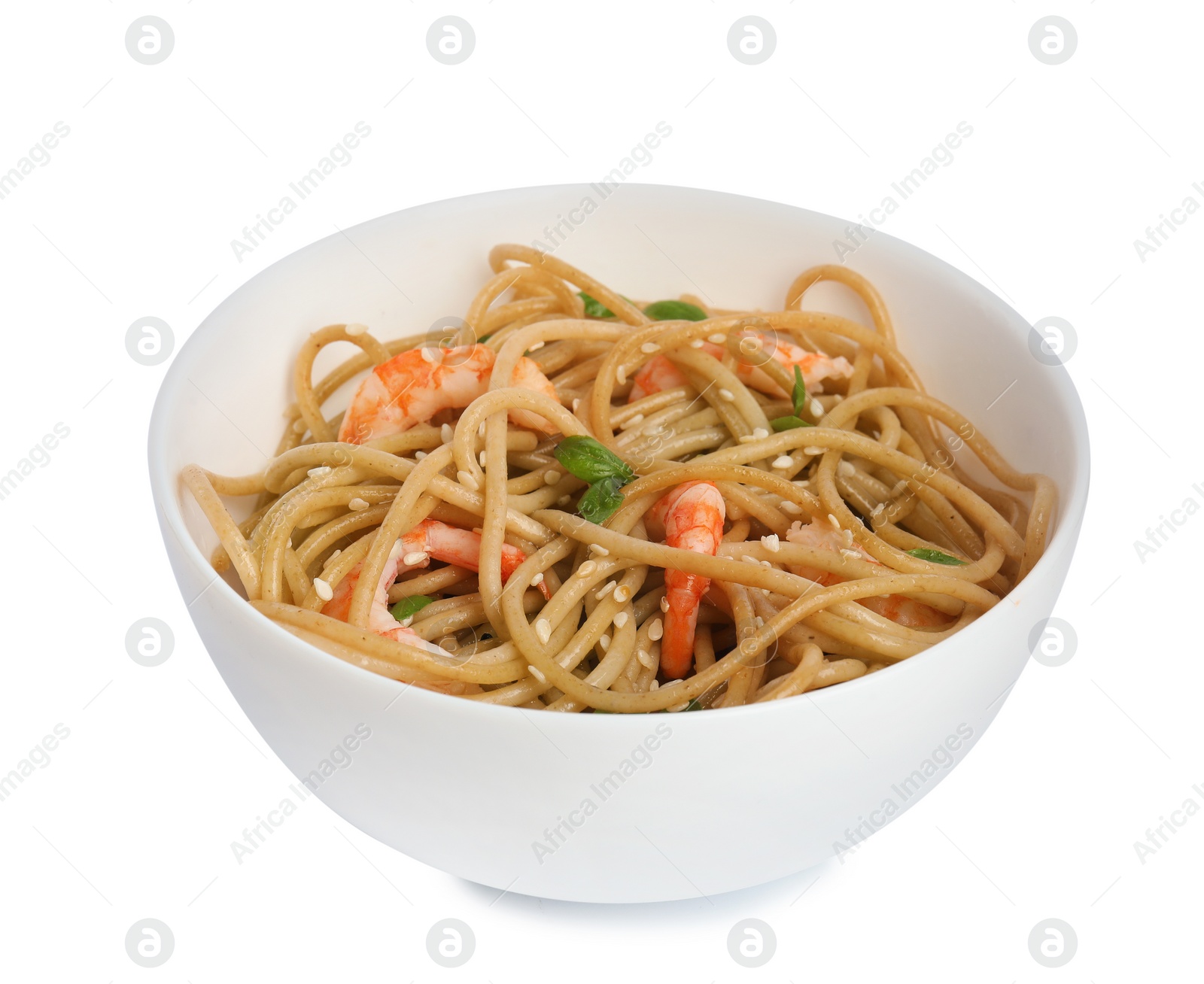 Photo of Tasty buckwheat noodles with shrimps in bowl isolated on white